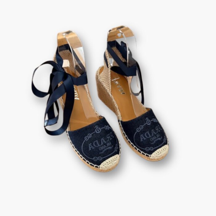 Prada Linen Espadrille Wedge Sandal Dark Blue