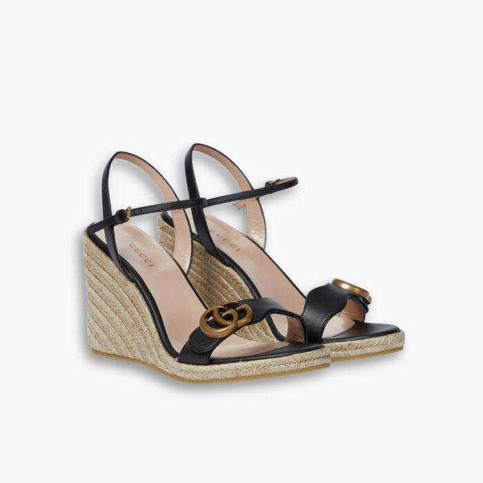 Gucci Leather Wedge Espadrille Sandals Black