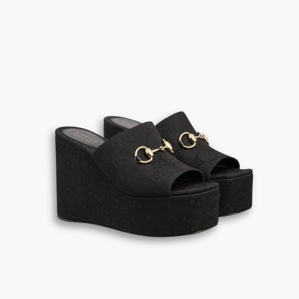 Gucci Women’S Wedge Sandal With Horsebit Black 816328 FAB10 1000