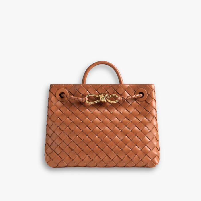 Bottega Veneta Andiamo Intrecciato Leather Top Handle Bag Cognac 25Cm