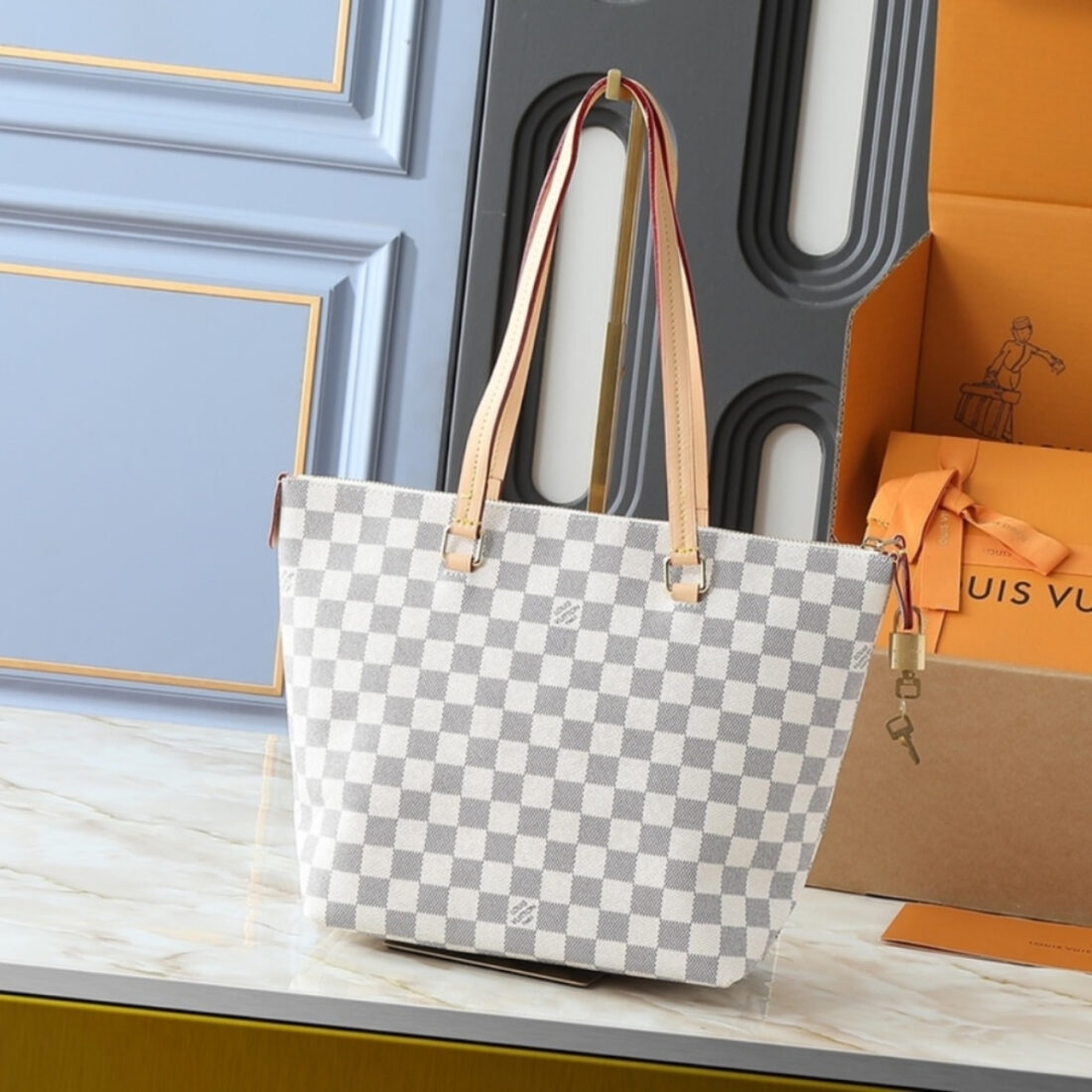 Louis Vuitton Lena PM Bag Damier Azur White 35Cm - Image 6