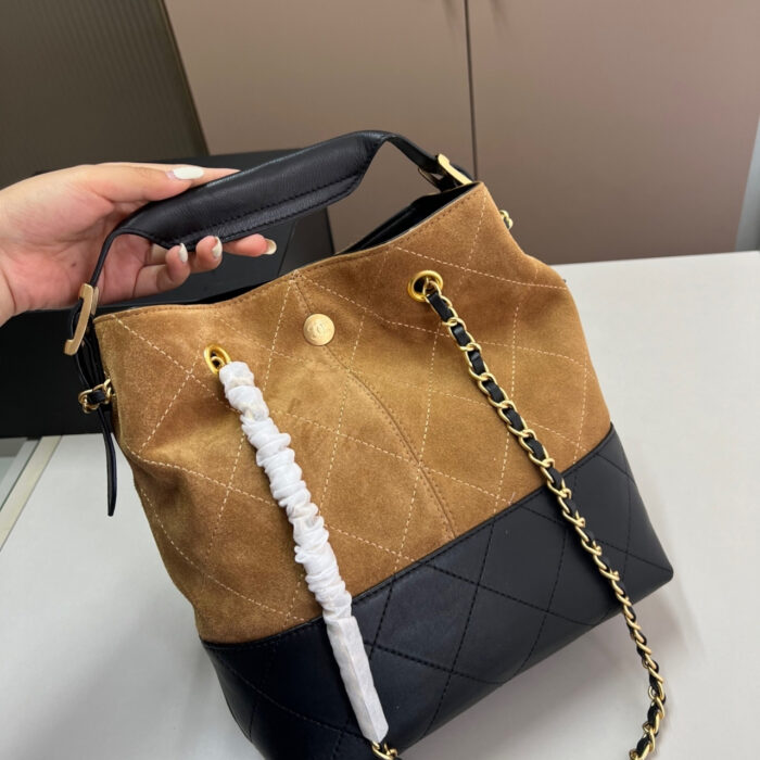 Chanel Shopping Bag Gold Tone Metal Brown And Black 26Cm AS5636 B20827 U1536 - Image 5