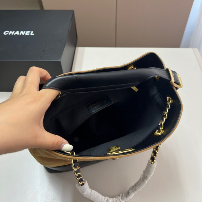 Chanel Shopping Bag Gold Tone Metal Brown And Black 26Cm AS5636 B20827 U1536 - Image 6