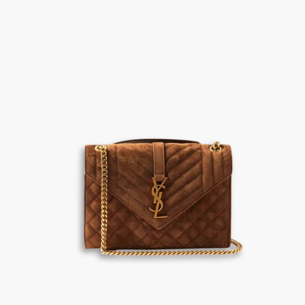 Saint Laurent Envelope Medium Matelassé Suede Shoulder Bag Brown 24Cm