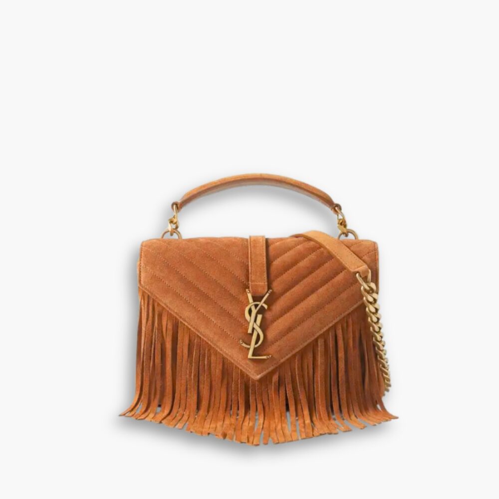 Saint Laurent College Medium Fringed Suede Shoulder Bag Brown 24Cm