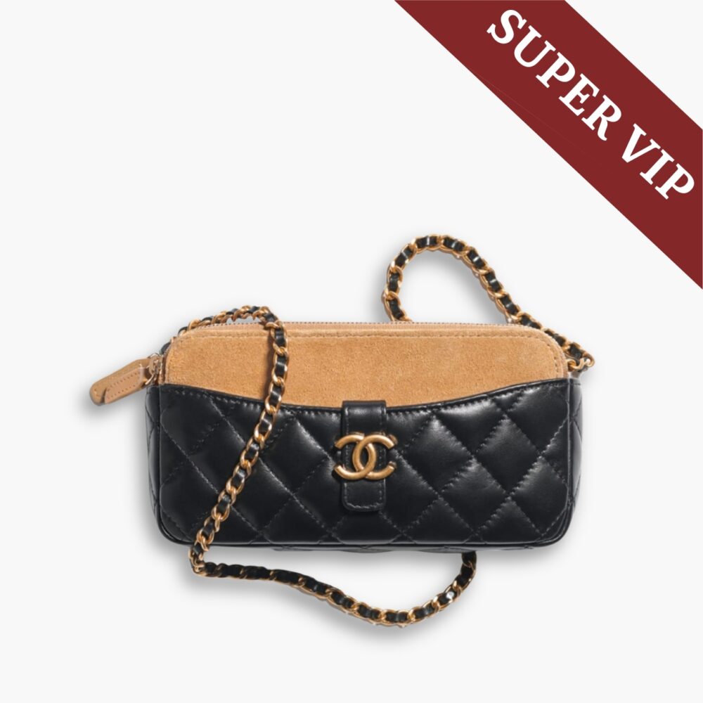 Super Vip 1:1 - Chanel Zipped Phone Holder With Chain Shiny & Gold Tone Metal Black And Beige 18Cm AP4743 B20685 U1546
