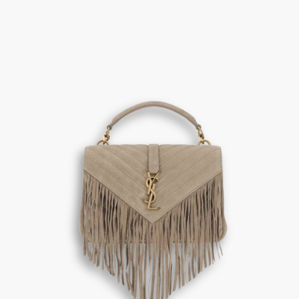 Saint Laurent College Medium Fringed Suede Shoulder Bag Beige 24Cm
