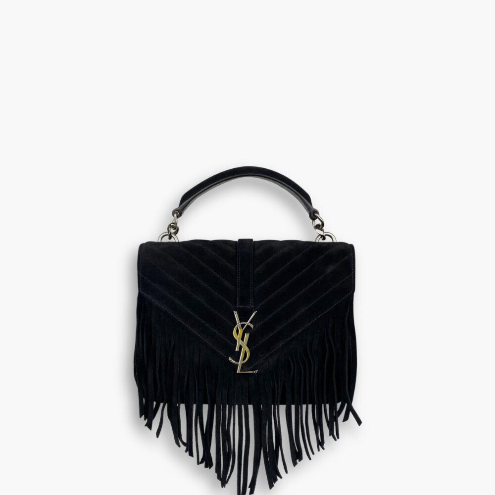 Saint Laurent College Medium Fringed Suede Shoulder Bag Black 24Cm