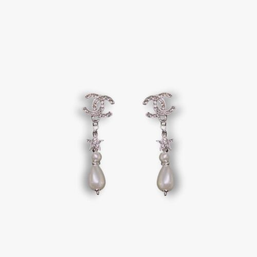 Chanel CC Crystal Star And Pearl Earrings Silver