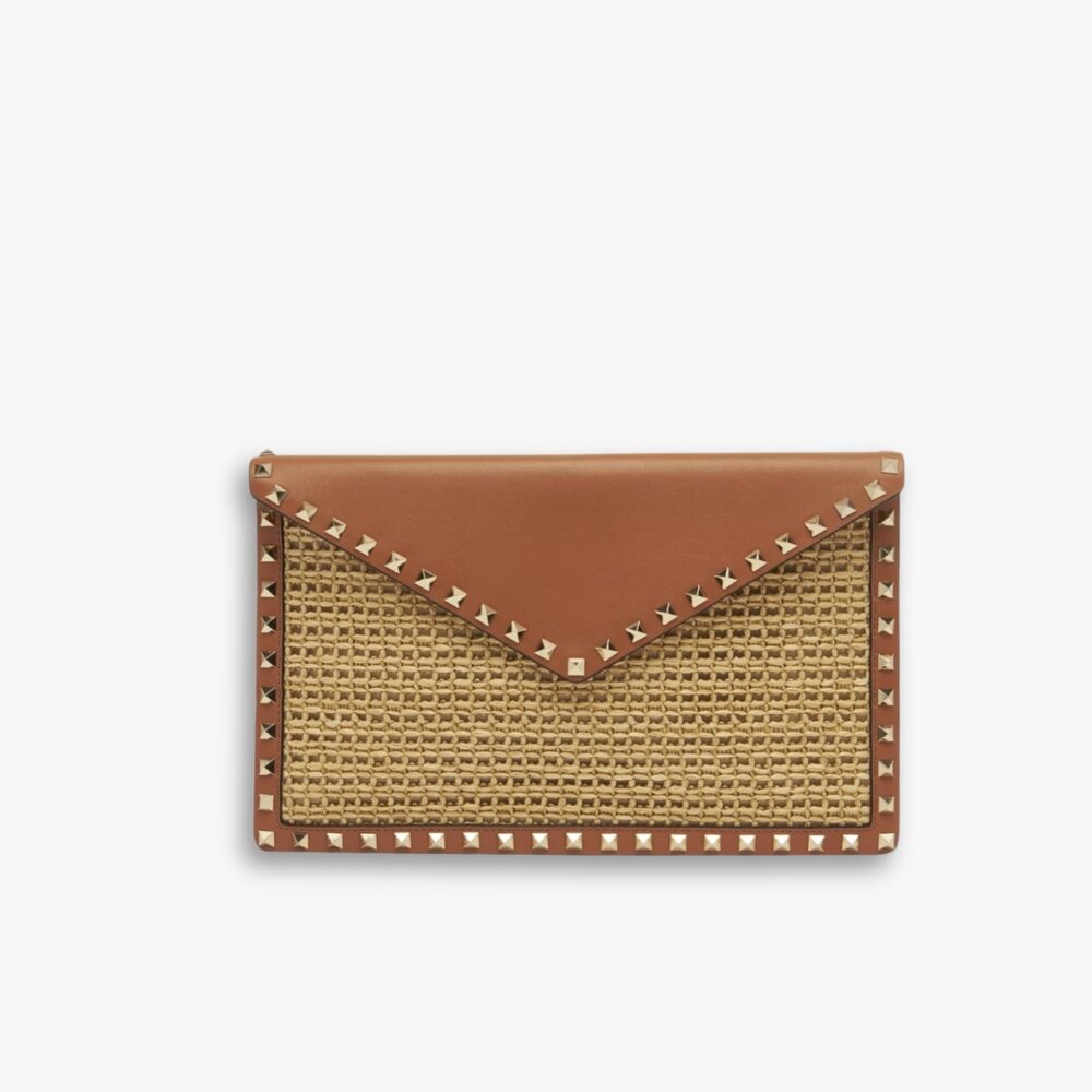 Valentino Garavani Rockstud Raffia Clutch Bag Brown