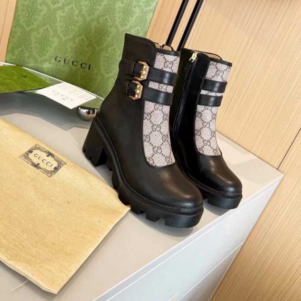Gucci Women GG Ankle Boot With Buckles Black And Beige 701100UVV201182 - Image 2