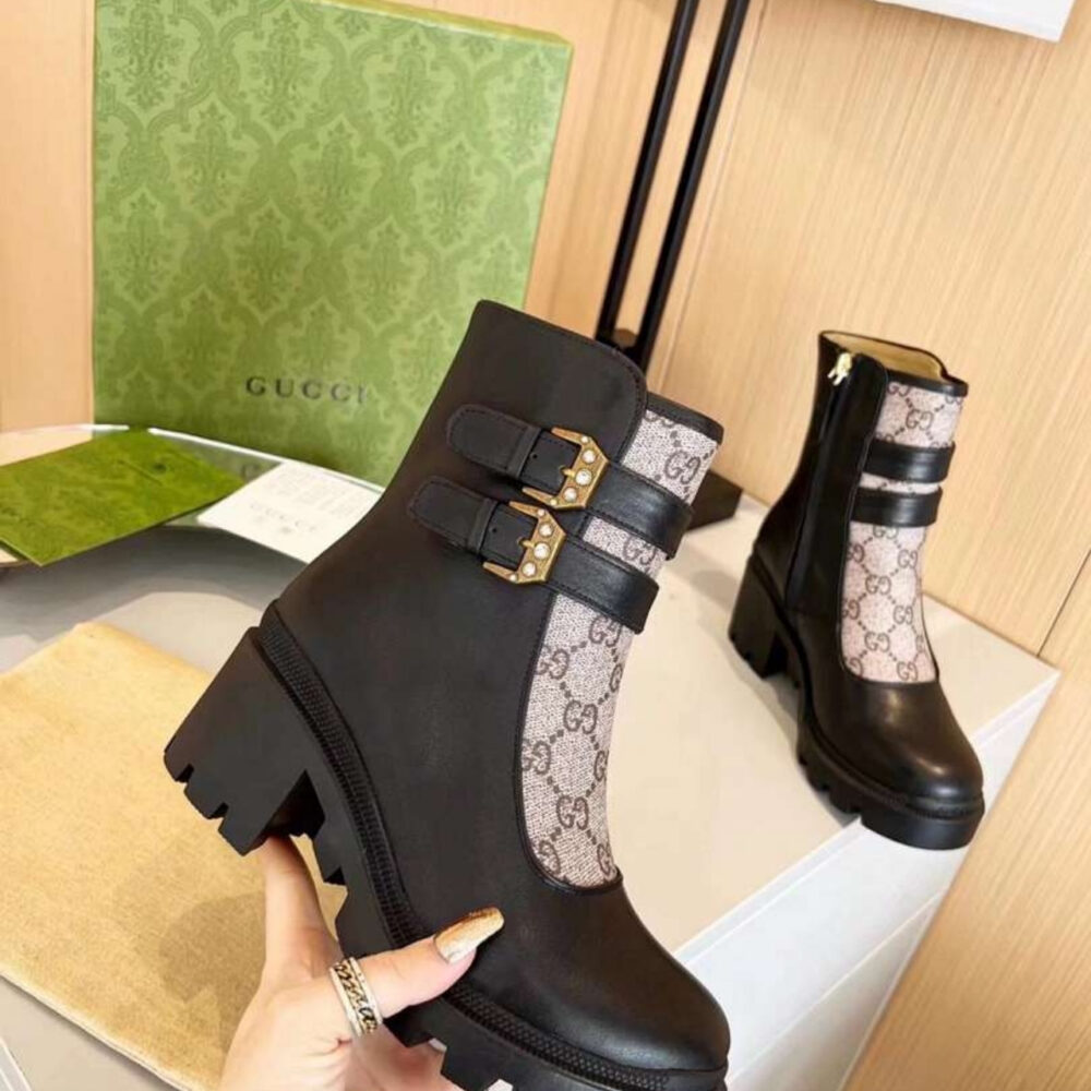 Gucci Women GG Ankle Boot With Buckles Black And Beige 701100UVV201182 - Image 3