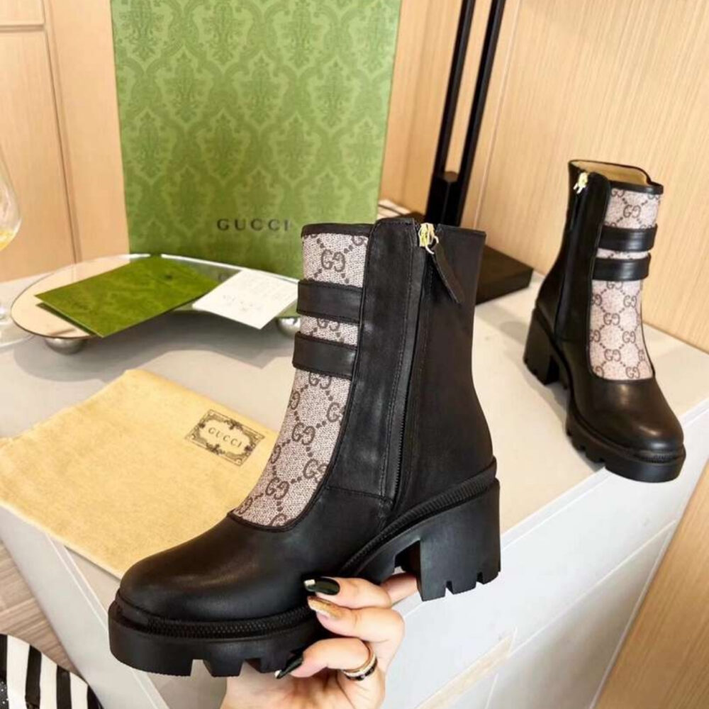 Gucci Women GG Ankle Boot With Buckles Black And Beige 701100UVV201182 - Image 5