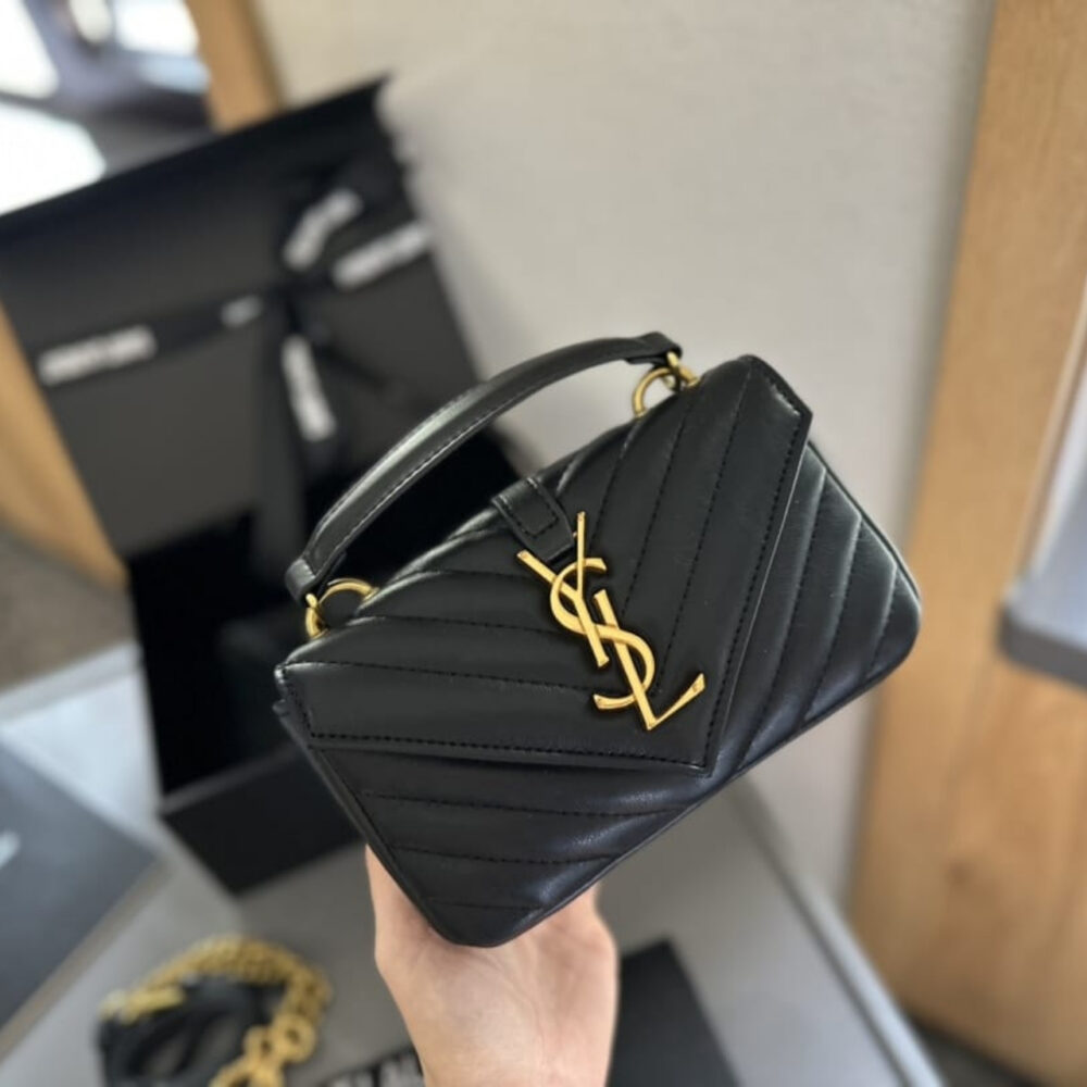 Saint Laurent College Mini Chain Bag In Shiny Crackled Black 20Cm 779430DZH071000 - Image 2