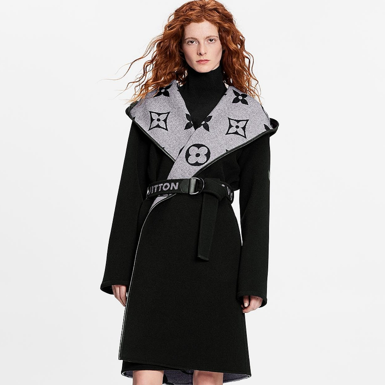 Louis Vuitton Belted Double Sided Hooded Wrap Coat Black And Gray - Image 4