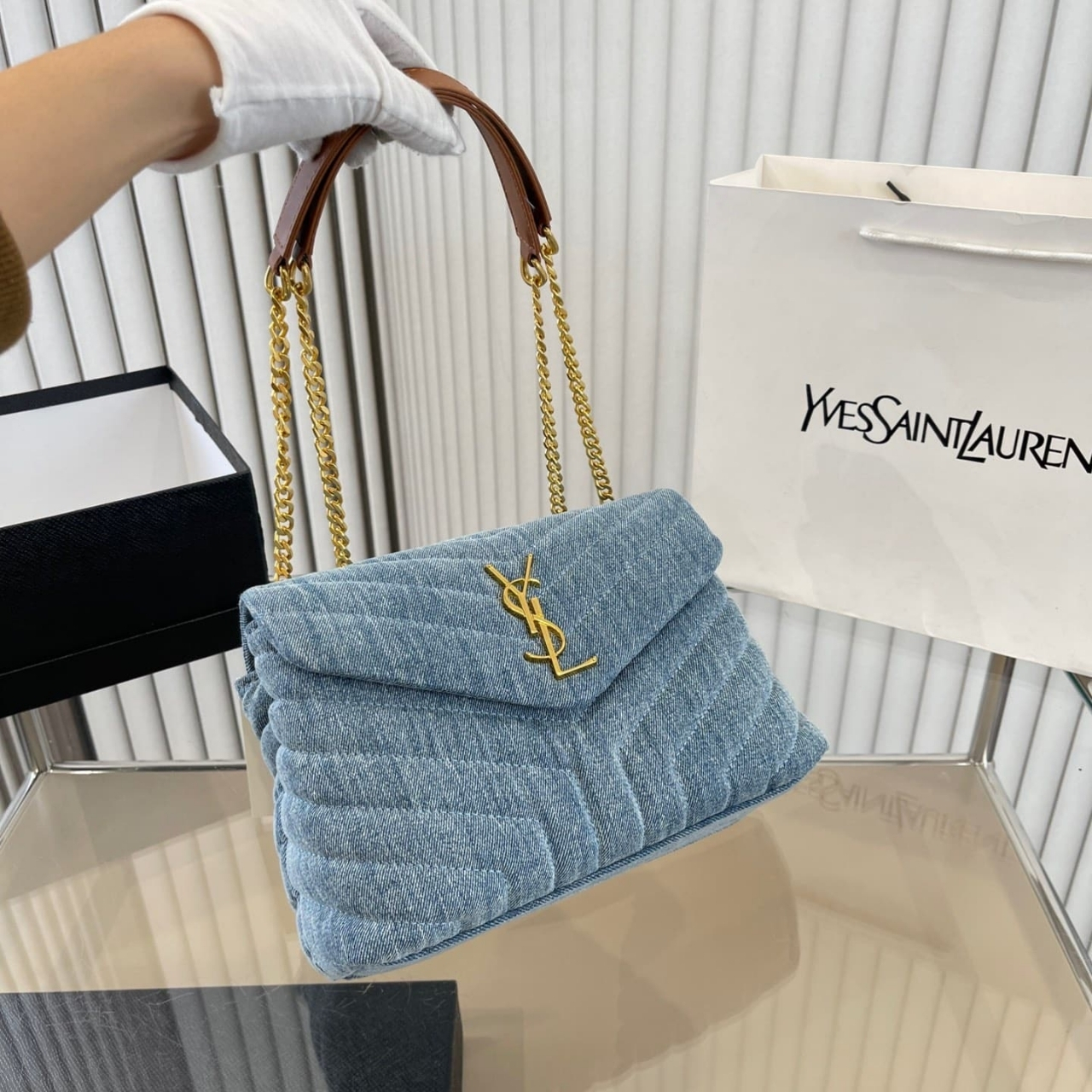 Saint Laurent Loulou Small Chain Bag In Quilted Y Denim Blue 25Cm - Image 3