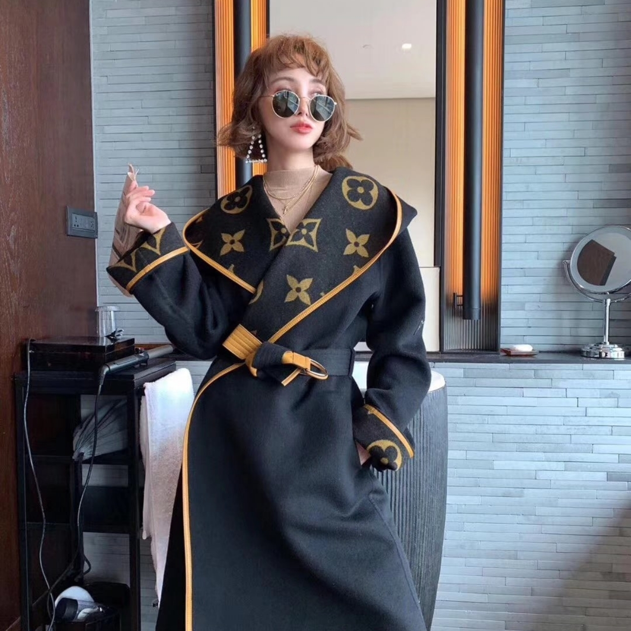 Louis Vuitton Hooded Wrap Coat Monogram Wool Black - Image 3