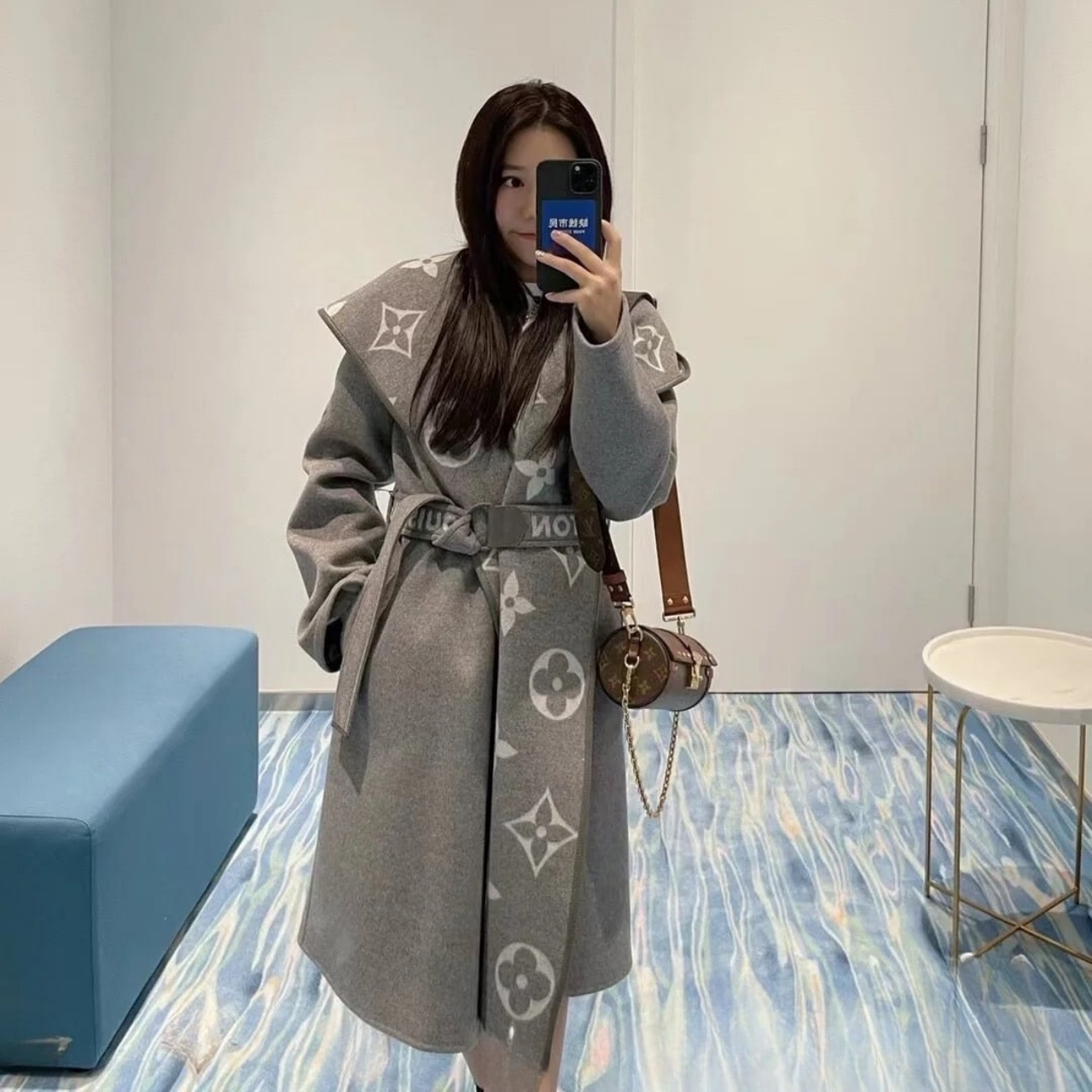 Louis Vuitton Belted Double Sided Hooded Wrap Coat Gray 1A92VF - Image 8