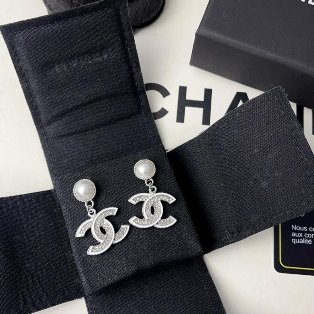Chanel Double C Pearl Earrings Silver White - Image 2