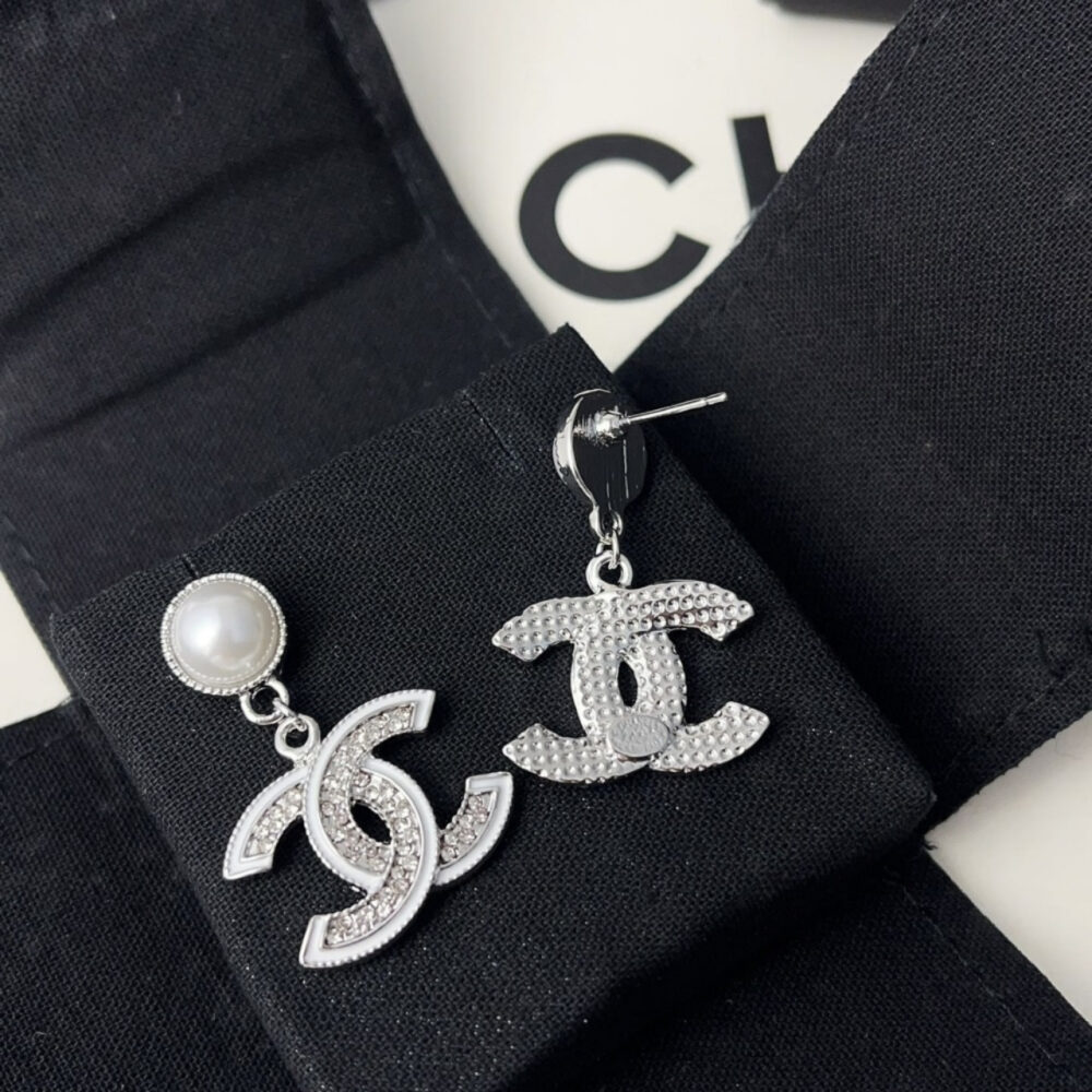 Chanel Double C Pearl Earrings Silver White - Image 4