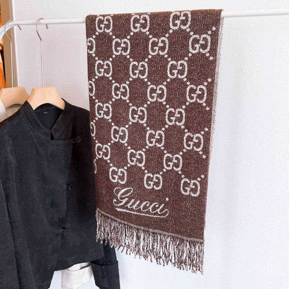 Gucci GG Jacquard Wool Scarf Brown 90Cm - Image 2