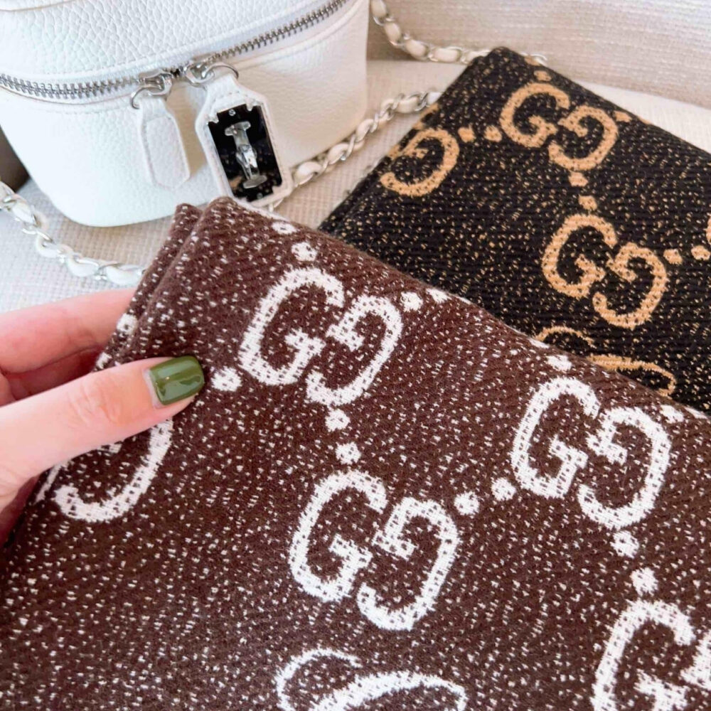 Gucci GG Jacquard Wool Scarf Brown 90Cm - Image 3