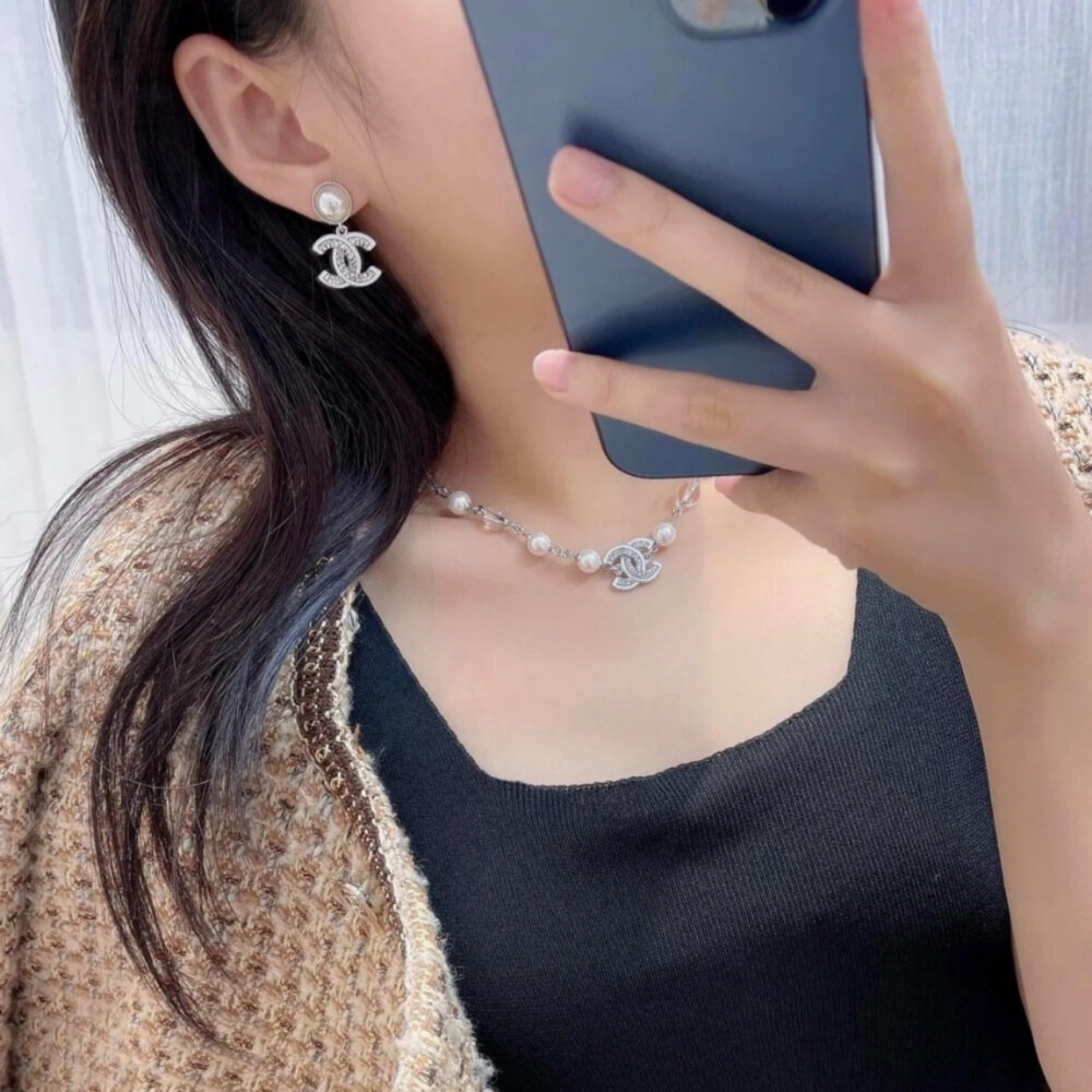 Chanel Double C Pearl Earrings Silver White - Image 5