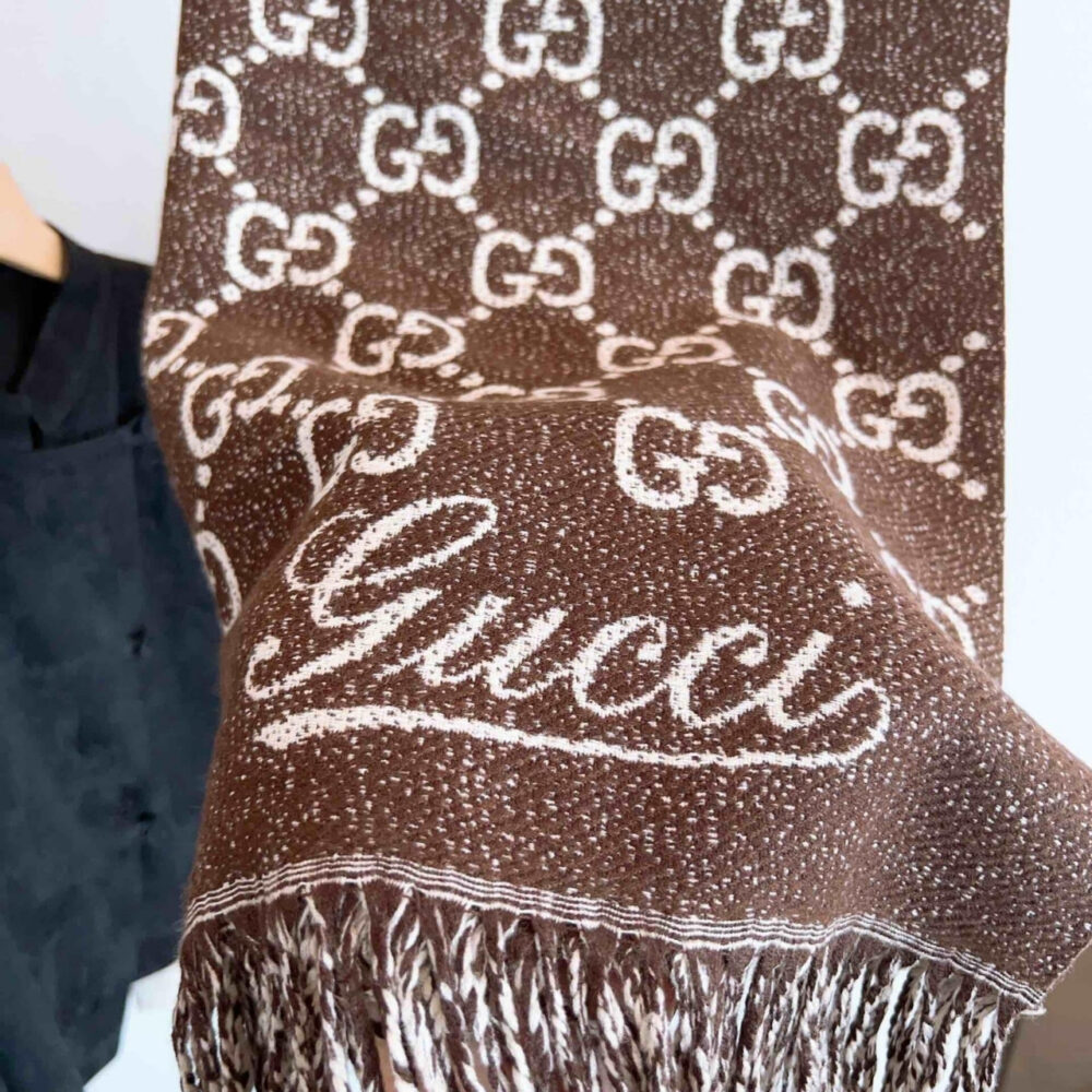 Gucci GG Jacquard Wool Scarf Brown 90Cm - Image 4
