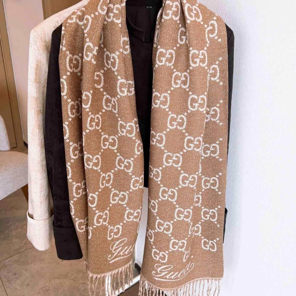 Gucci GG Jacquard Wool Scarf Camel 90Cm - Image 2