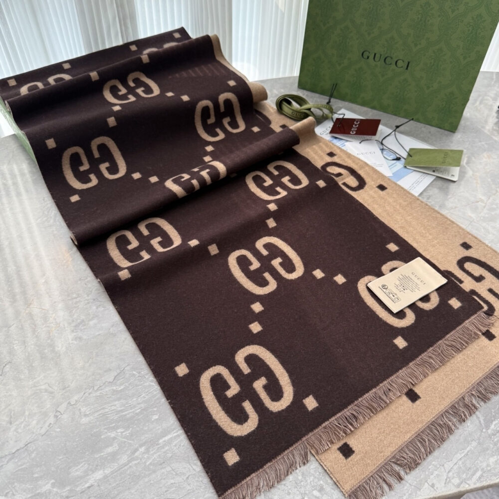 Gucci GG Jacquard Wool Silk Scarf Brown And Beige 180Cm 495592 4G350 2179 - Image 2
