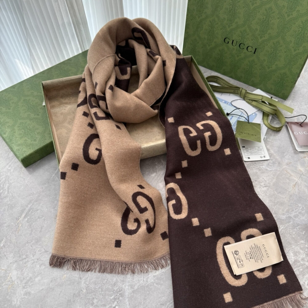 Gucci GG Jacquard Wool Silk Scarf Brown And Beige 180Cm 495592 4G350 2179 - Image 3