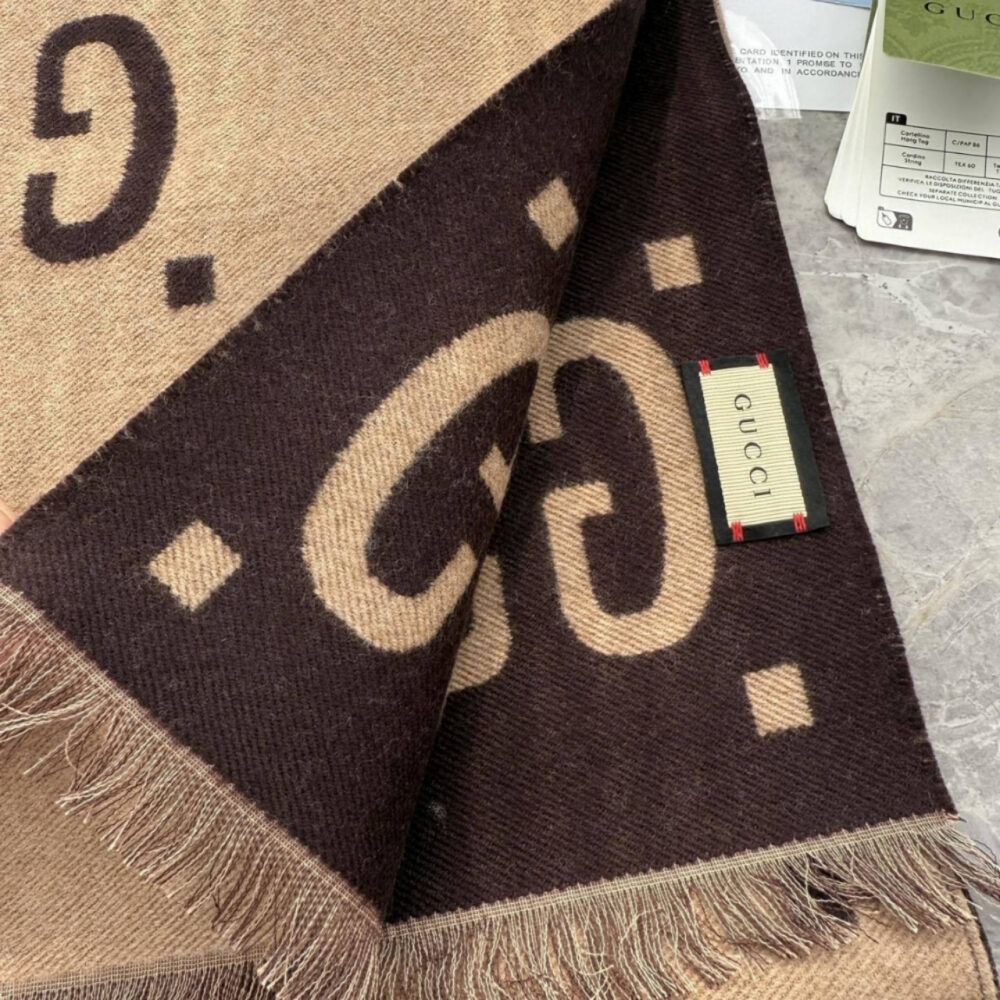 Gucci GG Jacquard Wool Silk Scarf Brown And Beige 180Cm 495592 4G350 2179 - Image 4