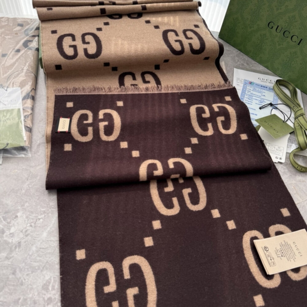 Gucci GG Jacquard Wool Silk Scarf Brown And Beige 180Cm 495592 4G350 2179 - Image 6