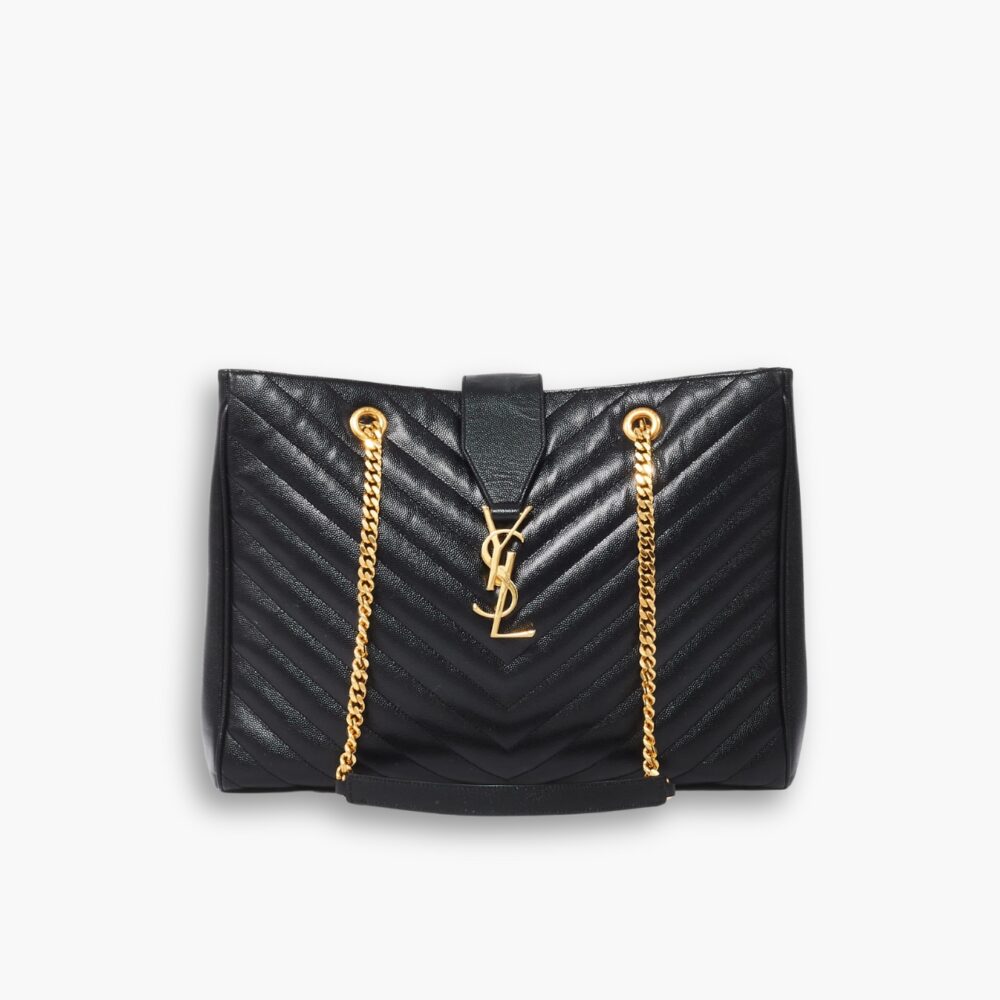 Saint Laurent Grain De Poudre Matelasse Chevron Large Monogram Shopping Bag Black 35Cm