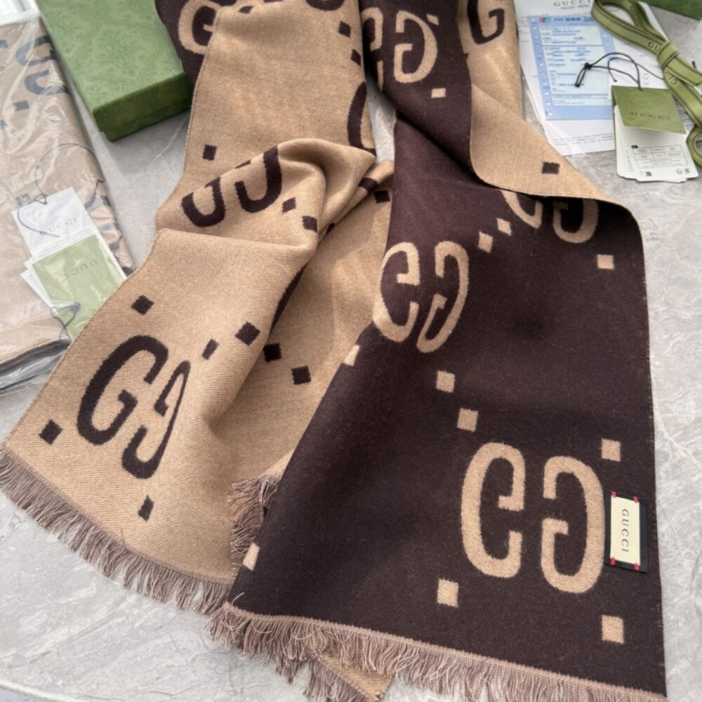 Gucci GG Jacquard Wool Silk Scarf Brown And Beige 180Cm 495592 4G350 2179 - Image 7