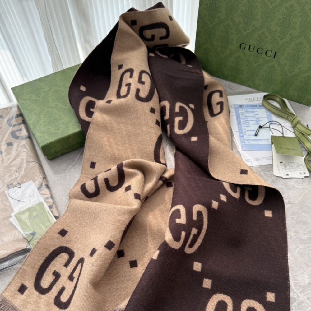 Gucci GG Jacquard Wool Silk Scarf Brown And Beige 180Cm 495592 4G350 2179 - Image 8