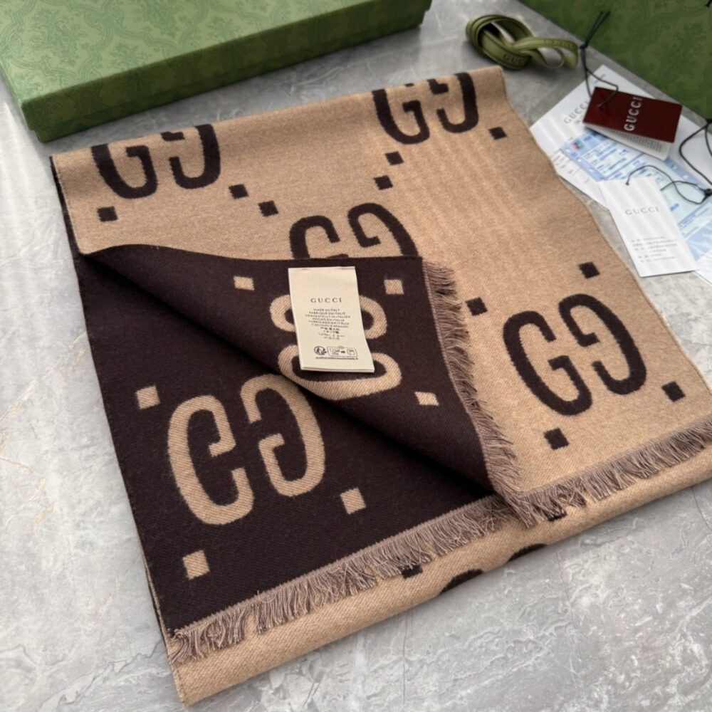 Gucci GG Jacquard Wool Silk Scarf Brown And Beige 180Cm 495592 4G350 2179 - Image 9