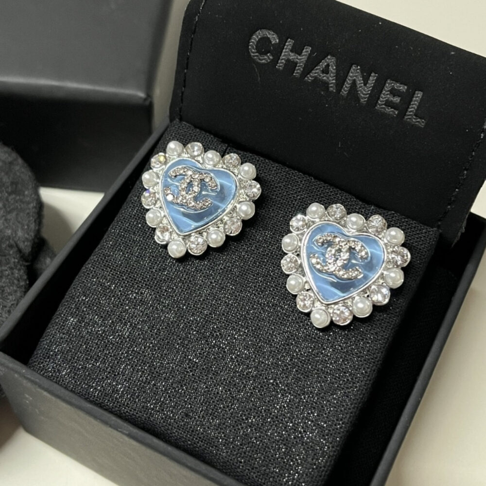 Chanel Heart Motif And Crystal Earrings Blue - Image 2