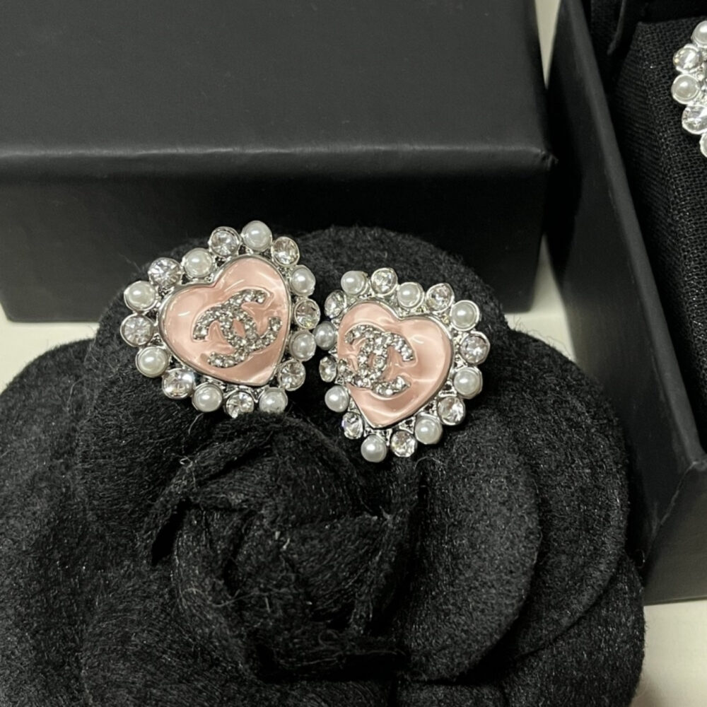 Chanel Heart Motif And Crystal Earrings Pink - Image 2