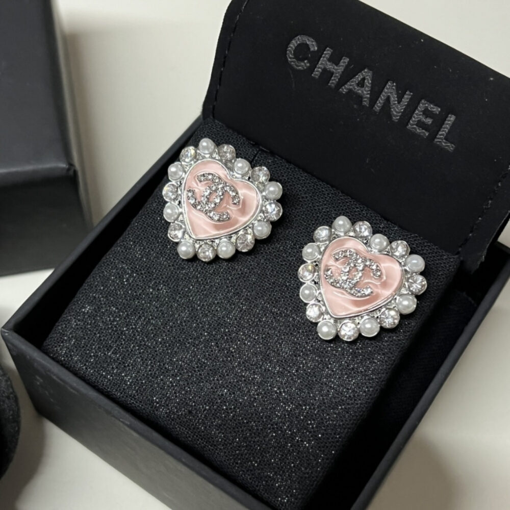 Chanel Heart Motif And Crystal Earrings Pink - Image 3