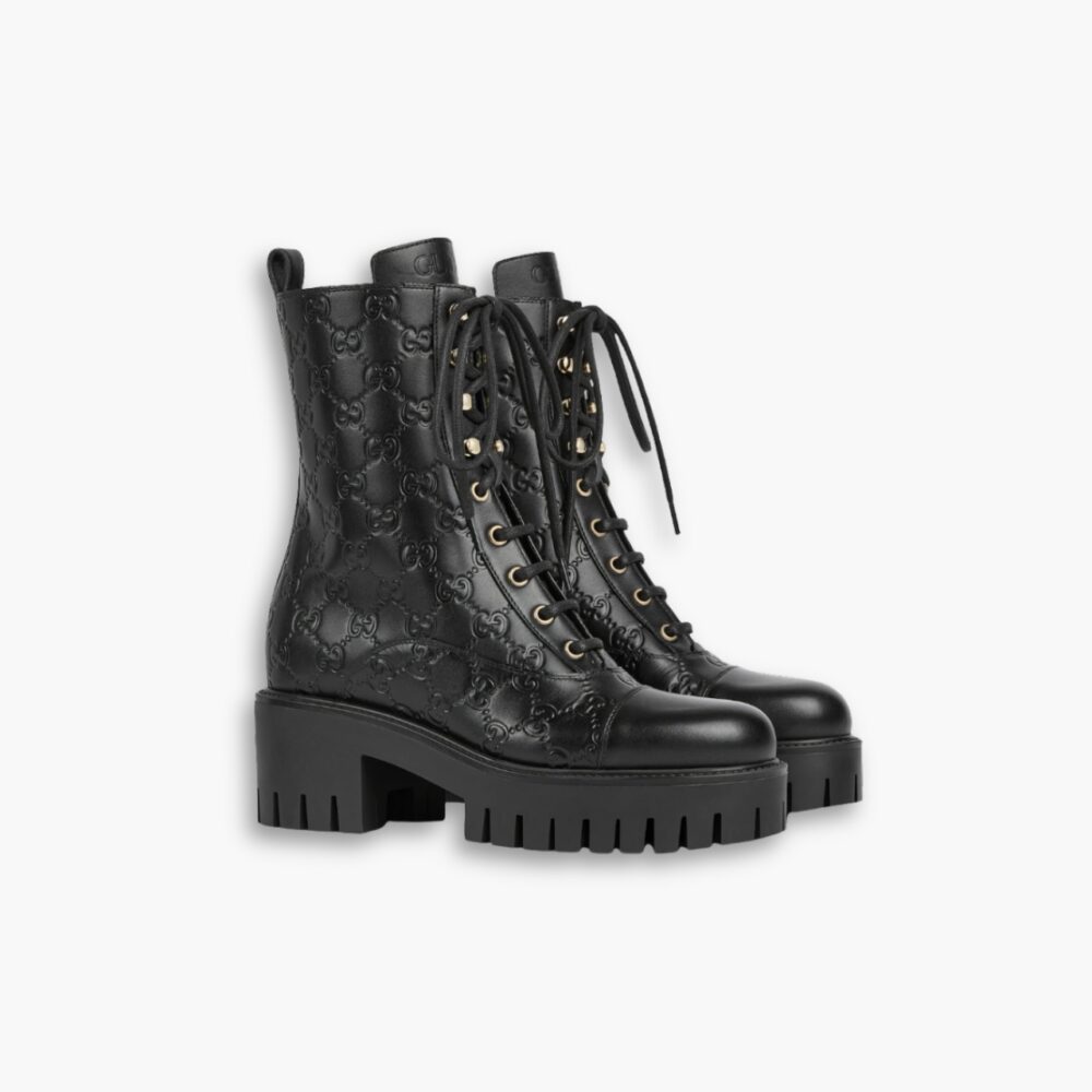 Gucci Women Lace Up Ankle Boot With GG Black 840739 AAE5Q 1000