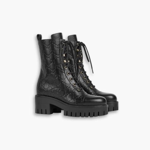 Gucci Women Lace Up Ankle Boot With GG Black 840739 AAE5Q 1000