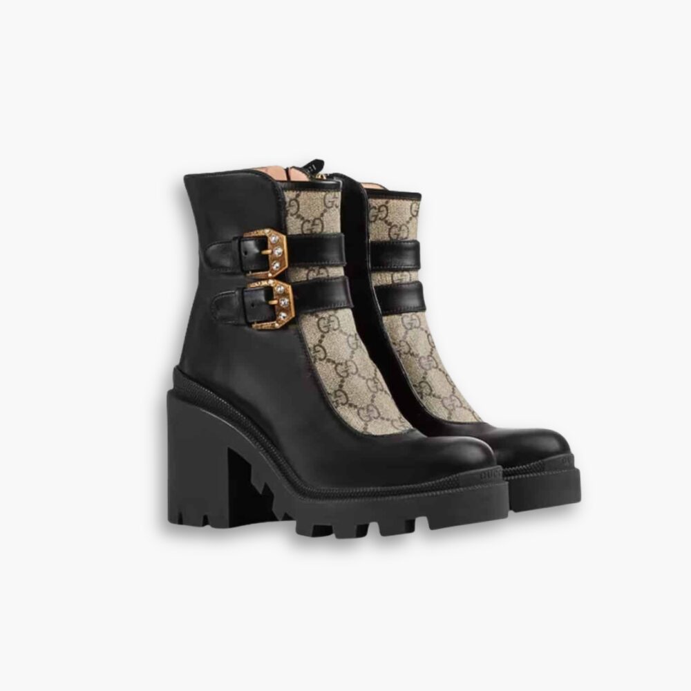Gucci Women GG Ankle Boot With Buckles Black And Beige 701100UVV201182