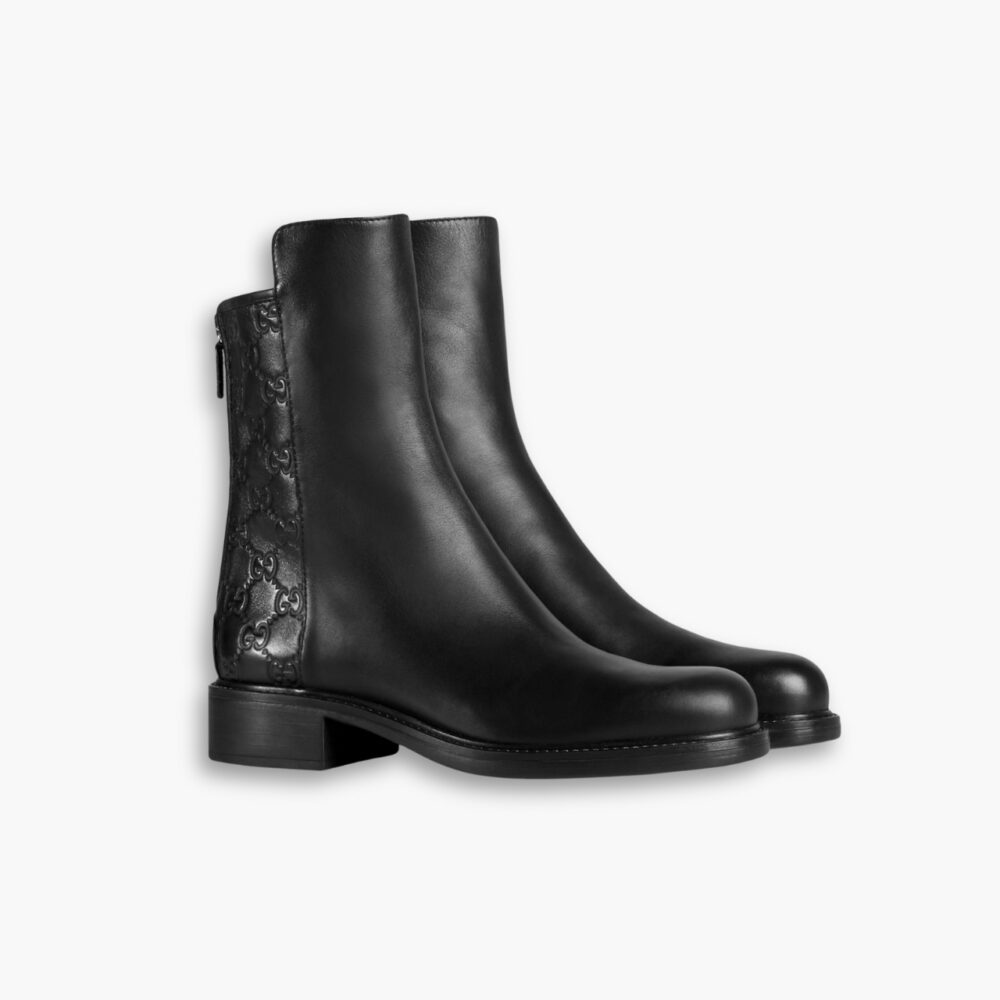 Gucci Liza GG Logo Goffrato Stivaletti Combat Biker Stivali Pelle Marrone Black