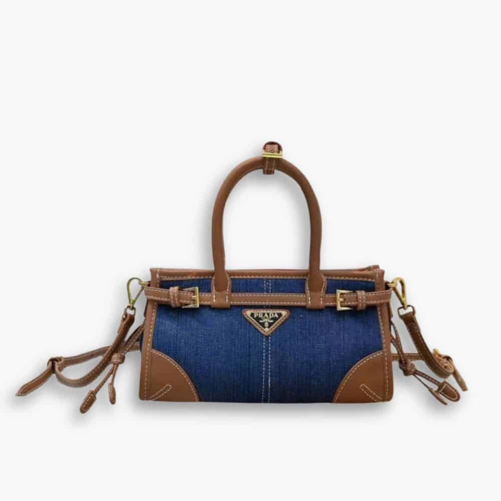 Prada Bonnie Small Denim Handbag Blue And Brown 24Cm 1BA486 2GCF F05G6 V OOO
