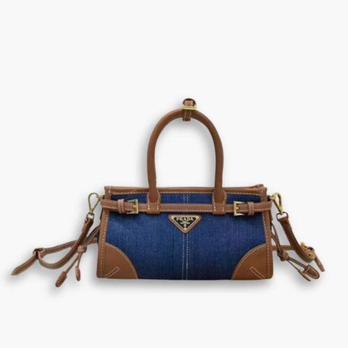 Prada Bonnie Small Denim Handbag Blue And Brown 24Cm 1BA486 2GCF F05G6 V OOO
