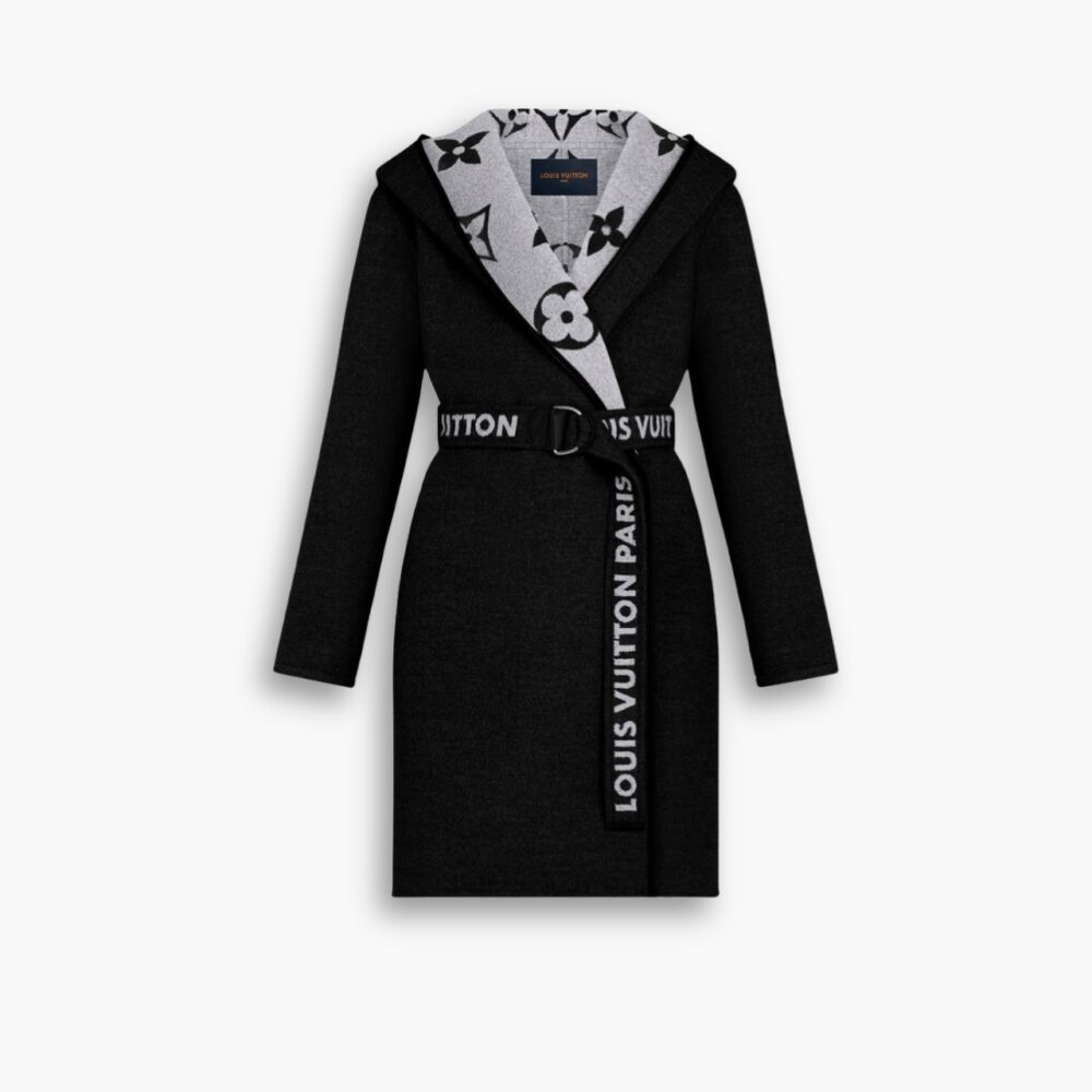 Louis Vuitton Belted Double Sided Hooded Wrap Coat Black And Gray