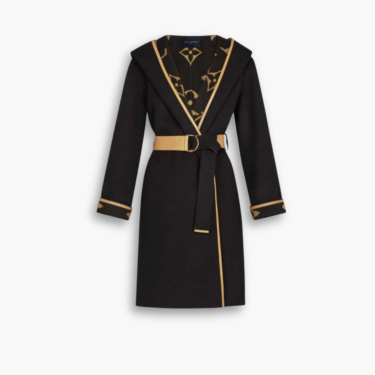 Louis Vuitton Hooded Wrap Coat Monogram Wool Black