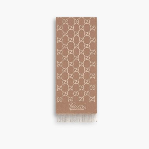 Gucci GG Jacquard Wool Scarf Camel 90Cm