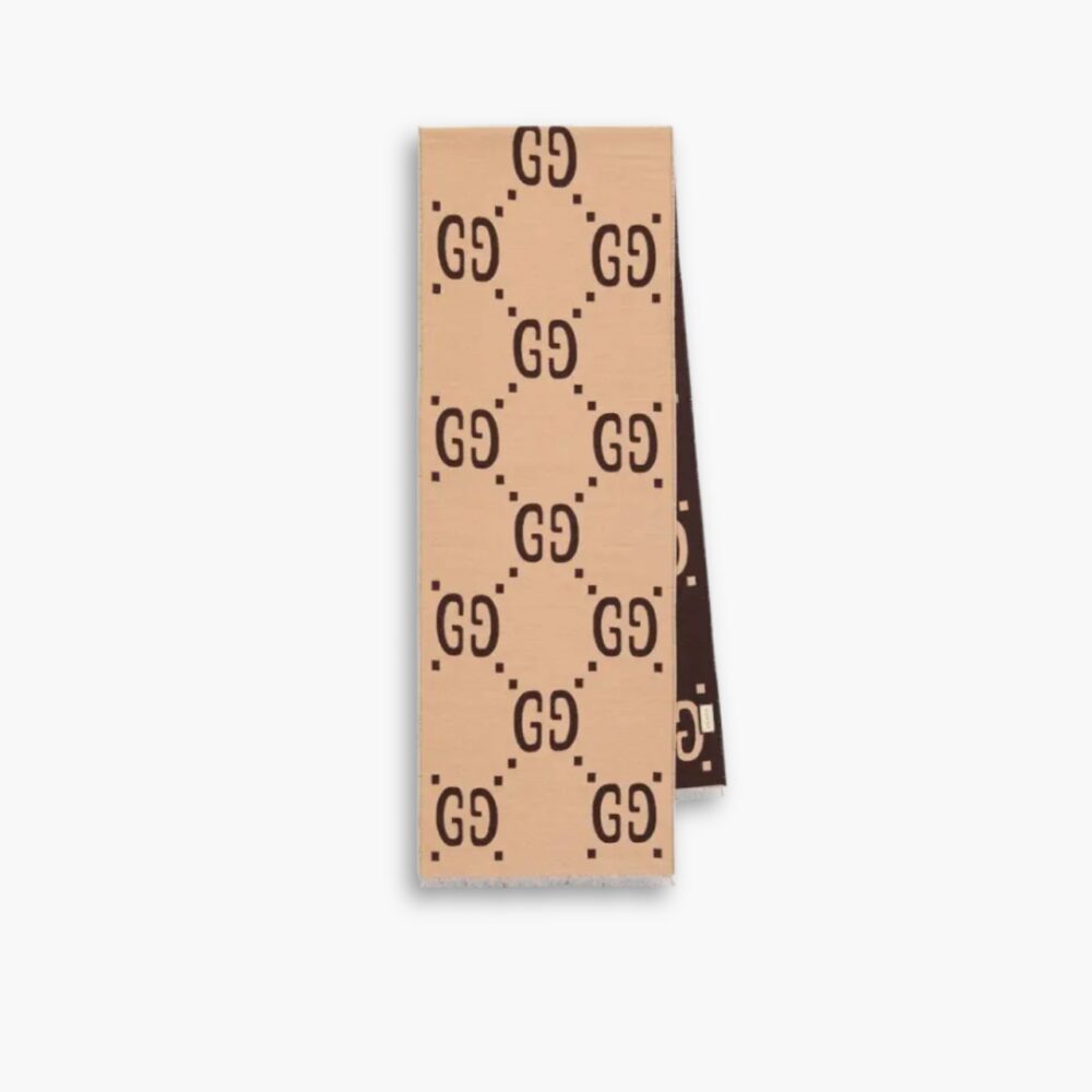 Gucci GG Jacquard Wool Silk Scarf Brown And Beige 180Cm 495592 4G350 2179